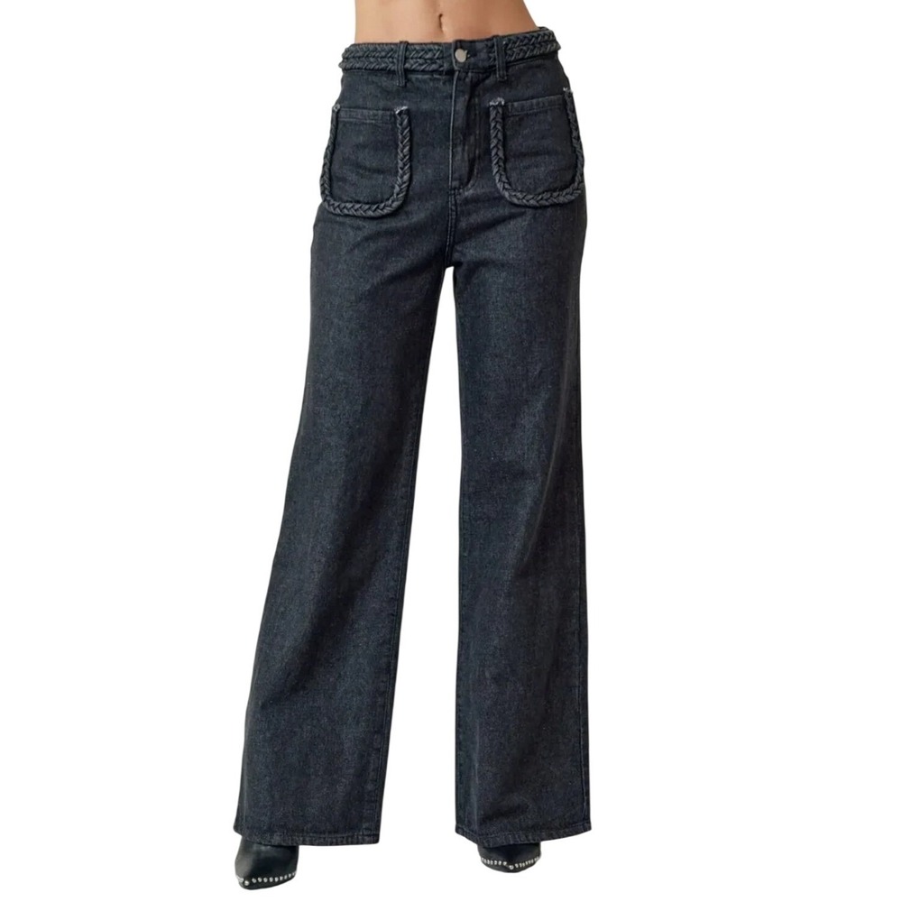 La Lavon Womens High Rise Wide Leg Braided Trim Denim Jeans Charcoal Gray Large